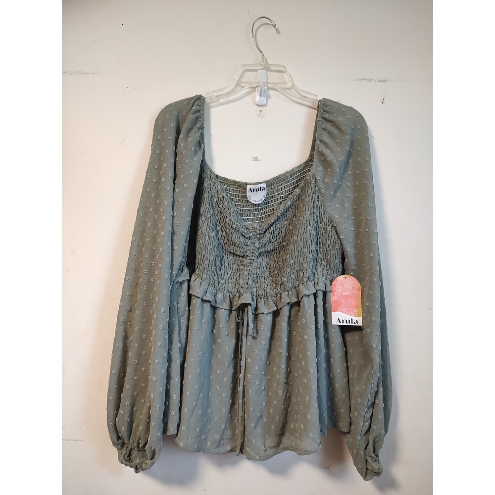 Arula Sage Green Swiss Dot Smocked Peplum Top Long Sleeve Square Neck 1X NEW